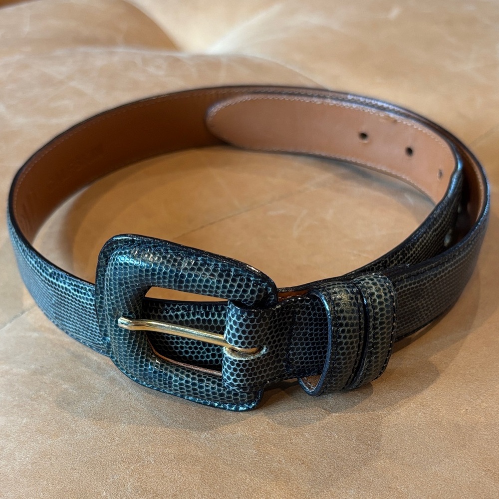Vintage Textured calfskin Lizard Women’s Belt in Teal/green with Gold